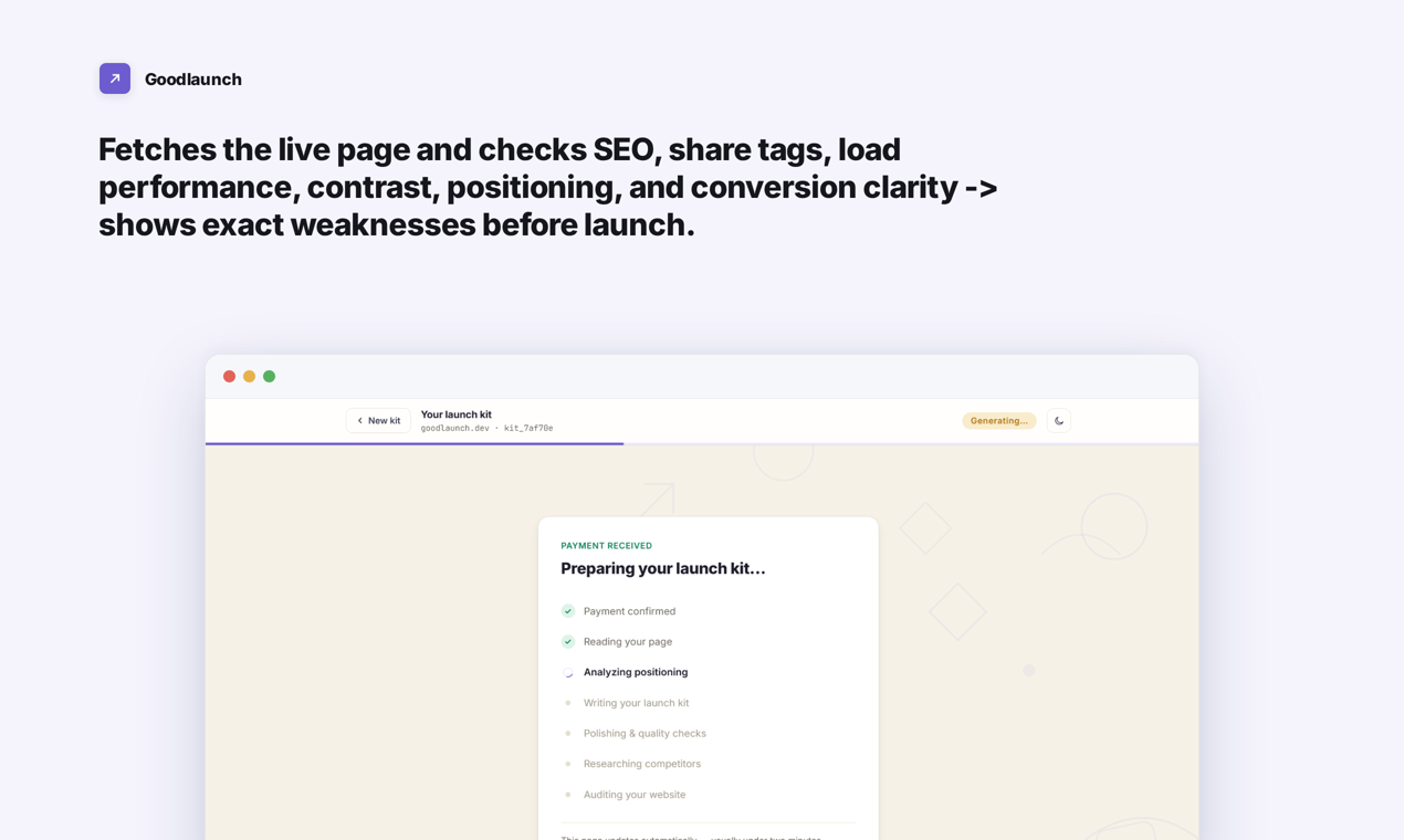Audit gallery slide: checks SEO, performance, and contrast