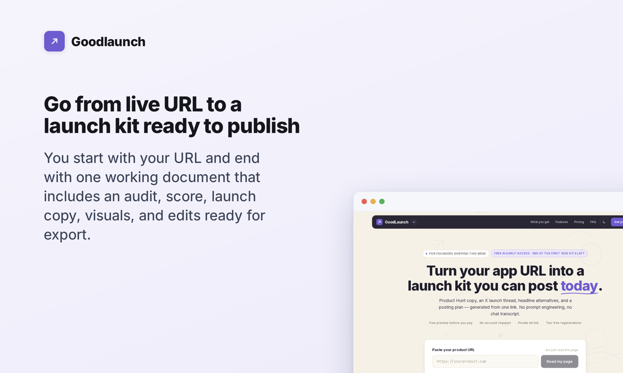 Hero gallery slide: go from live URL to a launch kit